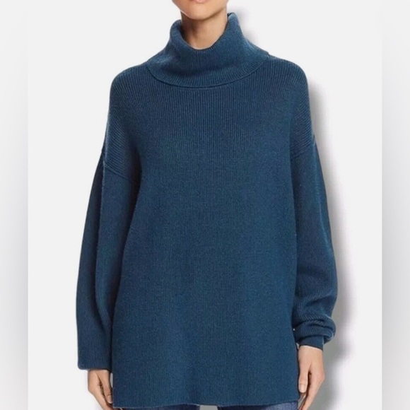 Free People Thick Ribbed Knit Oversized Turtleneck Tunic Teal Size L - Picture 1 of 8